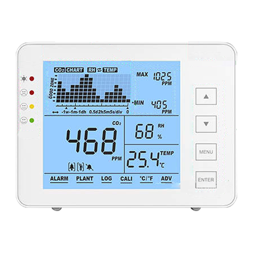 Mesure de la qualité de l'air - Permet de mesurer la température et l'humidité CO2, - Plage de mesure de CO2 0~5000 ppm - Capteur de CO2 NDIR sans entretien - Avertissement sonore et lumineux de CO2 - Stockage intégré pour un enregistrement continu des données (de 5 secondes à 1 semaine)