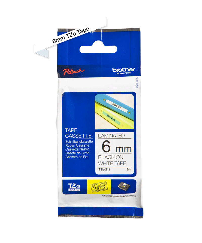 BROTHER P-TOUCH TZE-211 noir sur blanc 6mm