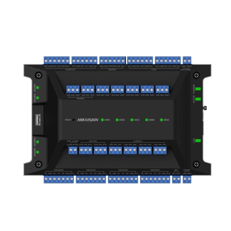Hikvision DS-K2704X(P) Contrôleur d'accès Prend en charge le contrôle de 4 portes. Il peut gérer jusqu'à 62 modules d'accès DS-K2M002X et contrôler jusqu'à 128 portes.