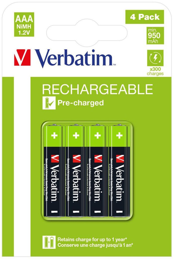 Verbatim AAA Rechargeable Batteries 950mAh, 1.2V, NiMH Pack 4x