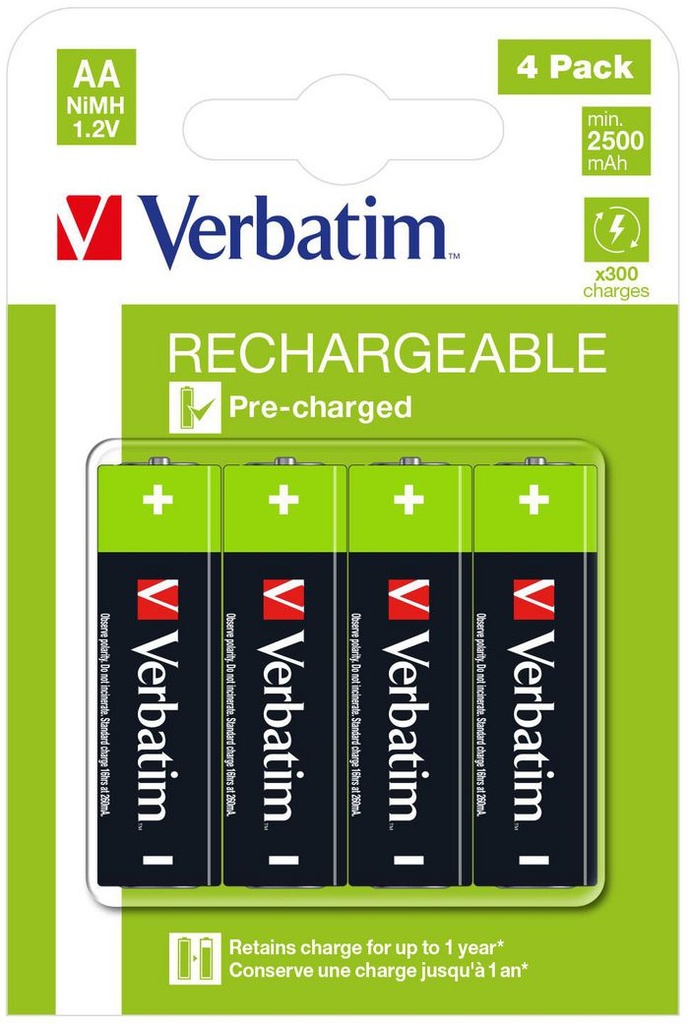Verbatim NiMH Battery, AA, 2500mAh, 4-pack
