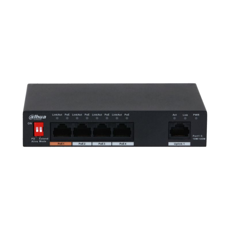 Dahua DH-PFS3005-4ET-60-V2 4-port PoE switch(Unmanaged) 10/100Mb 58W + 1 port RJ45 . Watchdog PoE. Mode vidéosurveillance jusqu'à 250 mètres. 48V ~ 57V CC