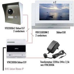 Dahua - Kit portier vidéo - Technologie 2 fils  Kit VTK-VTO2000A-2-VTH1550CHW-2 - Switch 2Fil-48V